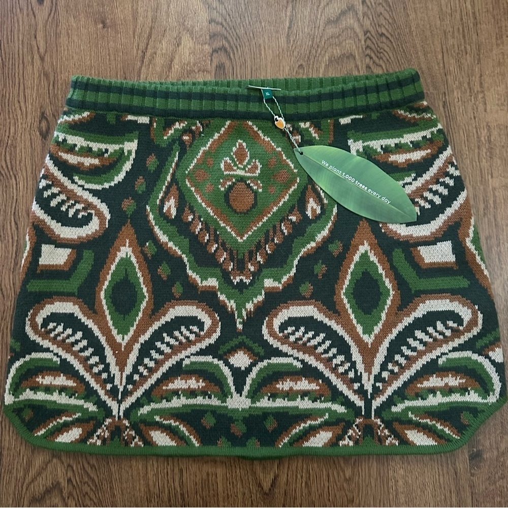 Farm Rio Green Brown knit size XL NWT pineapple ikat sweater mini skirt - Picture 2 of 9